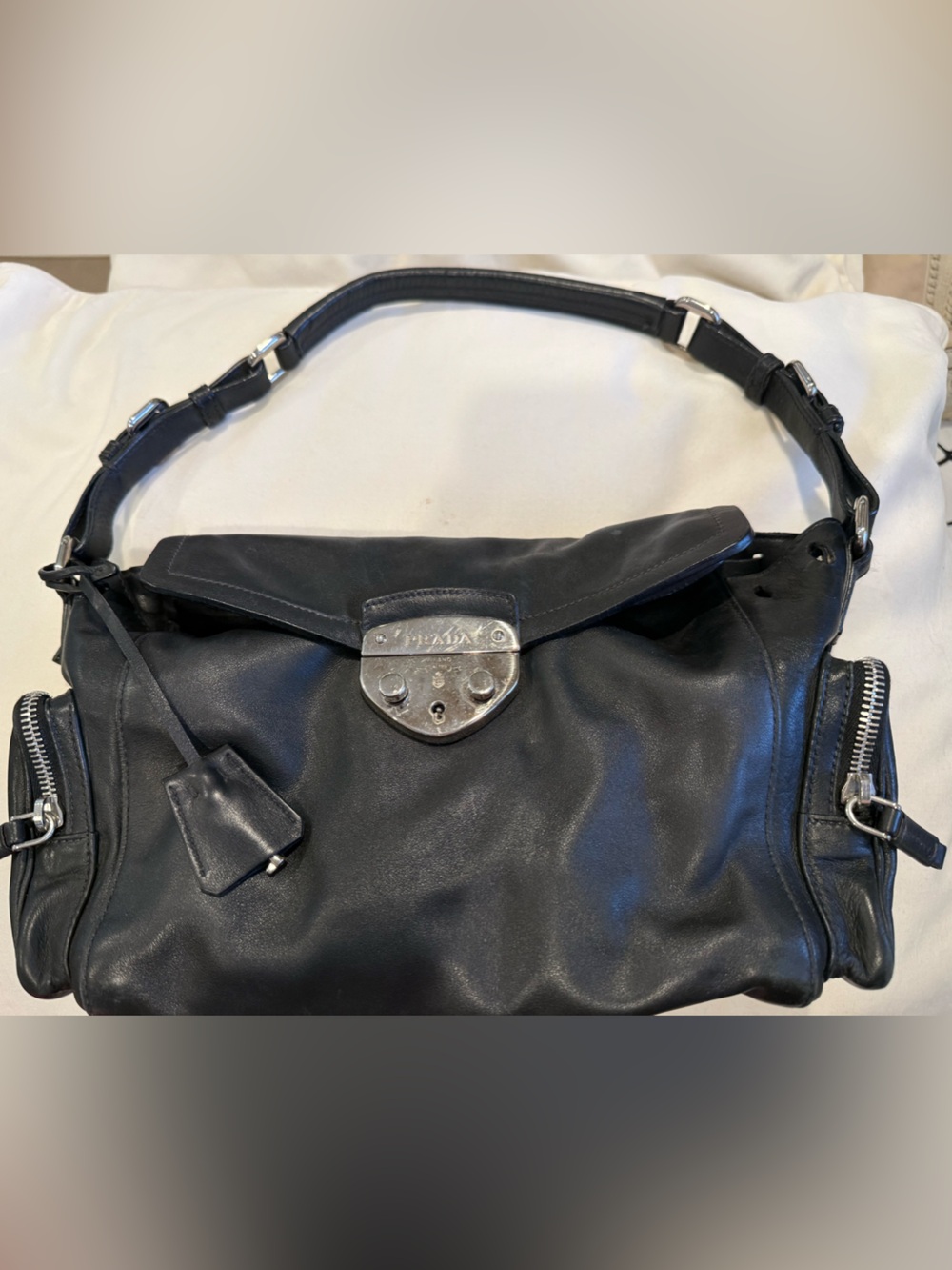 Prada Black Leather Shoulder Bag with Silver Hardware